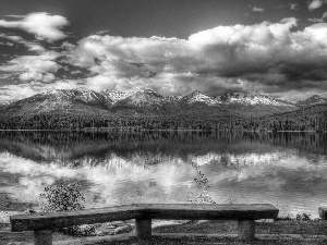 lake, Mountains, bench, forest