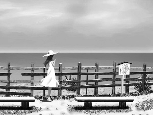 bench, girl, sea