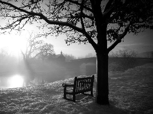 Bench, winter, bridge, Fog, River