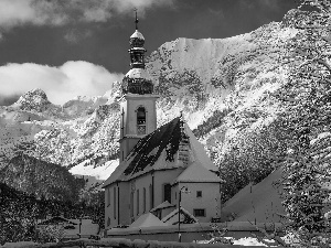 Alps Mountains, Bavaria, Ramsau bei Berchtesgaden, viewes, Church of St. Sebastian, Germany, Berchtesgaden National Park, winter, trees, Snowy