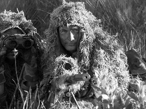 Masked, carbine, binoculars, soldiers