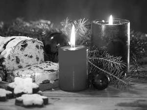 cakes, Red, Christmas, composition, baubles, Candles