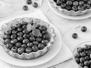 cake, mint, plate, blueberries