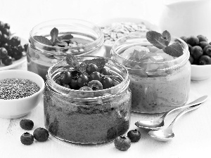 currants, blueberries, jars, Spoons, desserts