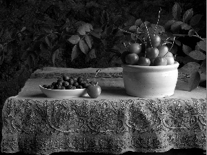 Table, cherries, blueberries, tablecloth