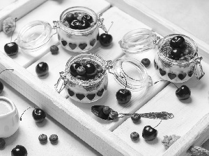 cherries, blueberries, yogurt, jars, dessert