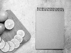 limes, board, note-book, slices