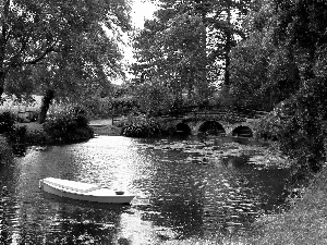 trees, Pond, Boat, green, viewes, bridges