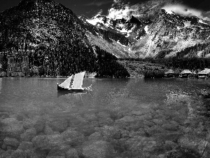 Mountains, lake, Boat, clear