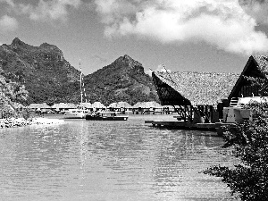 Boats, Bora Bora, sea, Houses, Mountains