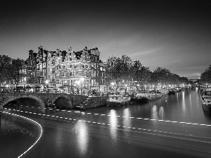 buildings, Boats, Night, Barges, Netherlands, bridge, River, Amsterdam
