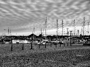 dawn, Harbour, Boats, clouds