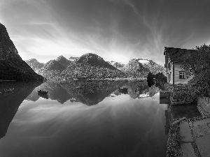 lake, Home, boats, Mountains