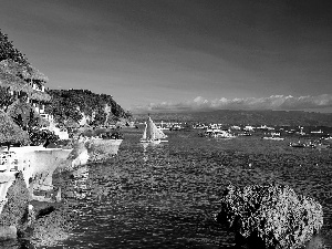 sea, Mountains, Boats, Coast