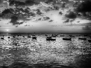 west, sea, Boats, sun