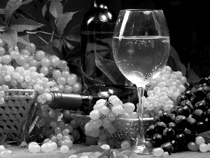 Bottle, Wine, grapes, glass, bunches