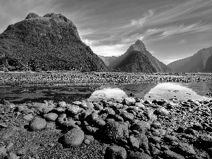 Mountains, mossy, boulders, lake