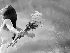 bouquet, flowers, girl, Meadow, Romantic