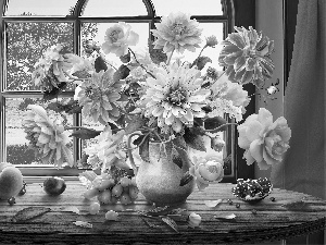 jug, roses, Window, bouquet, dahlias, Fruits, 2D