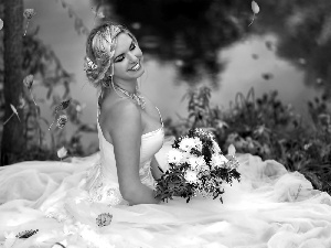 young, bouquet, viewes, flowers, trees, lady, marriage, water