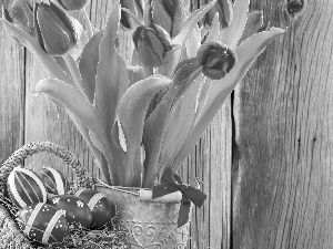 bow, bucket, eggs, Tulips, basket