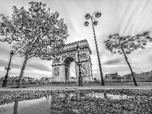 trees, lanterns, Bow, Paris