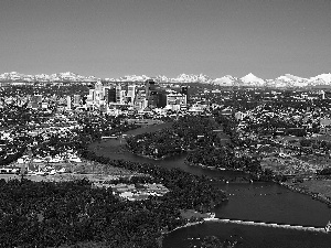 town, Calgary, Bow, VEGETATION, River, panorama