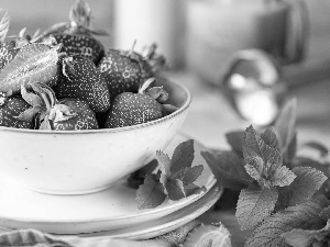 strawberries, Plates, mint, bowl