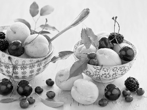 apricots, cherries, Bowls, blueberries