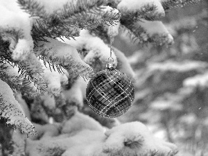 bauble, A snow-covered, forest, winter, Christmas Tree, branch