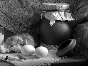 pitcher, eggs, bread, milk