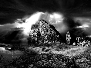 River, clouds, light breaking through sky, rocks