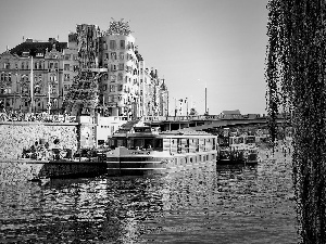 Prague, curves, bridge, Barges, River, Houses