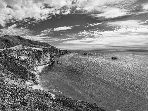 bridge, clouds, Mountains, Cliffs, Coast