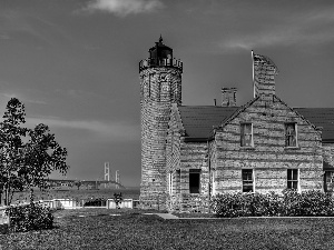 sea, maritime, golden, VEGETATION, Lighthouse, bridge, Gate