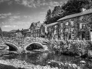 bridge, brook, Great Britain, Houses, wales