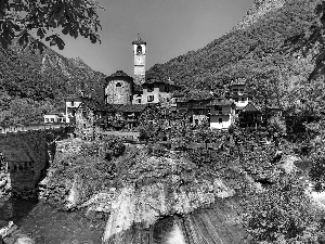 Mountains, Houses, bridge, green, River, belfry