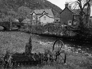 bridge, Houses, River, Meadow, Mountains