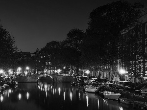 night, Amsterdam, boats, Town, Netherlands, bridge, Houses