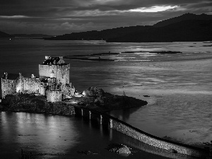 stone, Eilean Donan Castle, Scotland, Night, bridge, Island