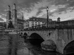 Lighthouse, River Limmat, Zurich, Switzerland, Grossmunster Church, bridge