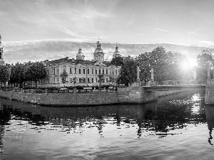 St. Petersburg, Russia, The council of saint Nicholas and Epiphany, Kryukowski Canal, viewes, Cerkiew, Sunrise, trees, bridge
