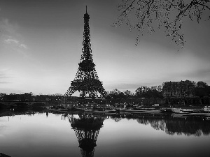 River, bridge, Paris, vessels, sun, Eiffla, tower, east