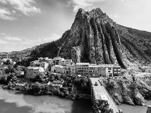 mountains, Sisteron, bridge, River, Houses, France