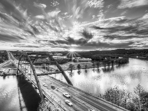 River, sun, bridge, west