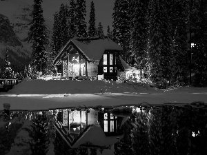 Mountains, Floodlit, Province of British Columbia, winter, Canada, trees, Emerald Lake, forest, snow, Yoho National Park, bridge, viewes, house