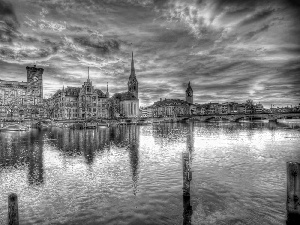 River, bridge, Zurich, Town, Switzerland