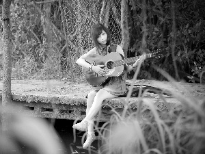 girl, forest, bridges, Guitar