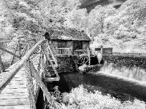 bridges, winter, water, cascade, Windmill