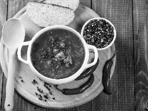 Chili, soup, color, pepper, slices, Wooden, bucket, Chilies, bowl, board, bread